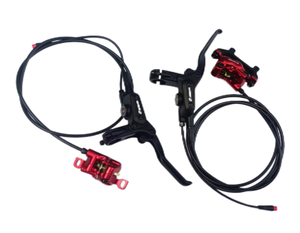 Lankeleisi electric bike hydraulic brake set with calipers and brake levers, mounted on the bike for smooth stopping power.