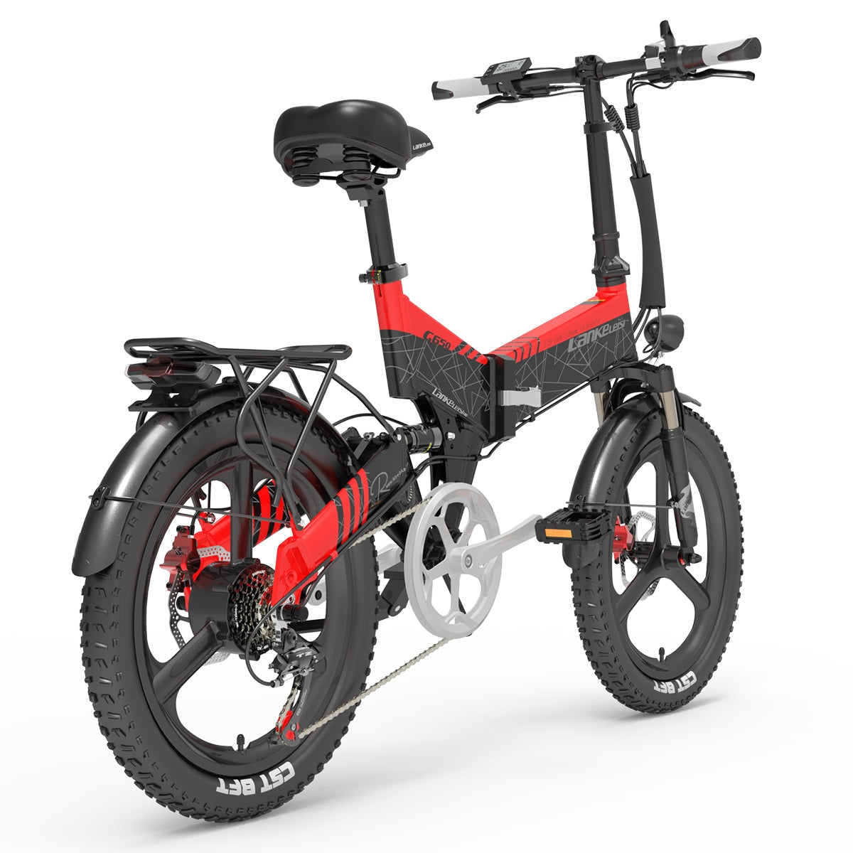 Red Lankeleisi G650 folding electric city bike displayed outdoors with a sleek frame and compact design.