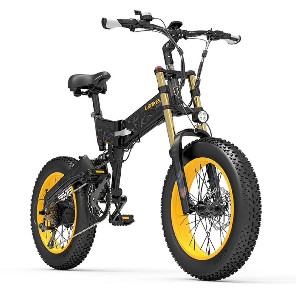 Yellow LANKELEISI X3000Plus-UP fat tire snow e-bike with thick tires and electric motor, designed for winter riding.