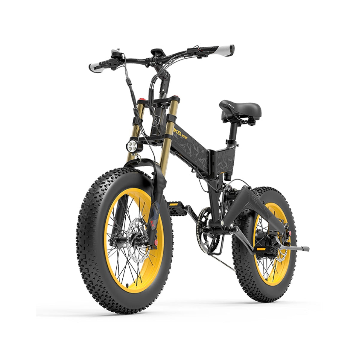 Yellow LANKELEISI X3000Plus-UP fat tire snow e-bike with a sturdy frame and large tires, ideal for winter riding conditions.