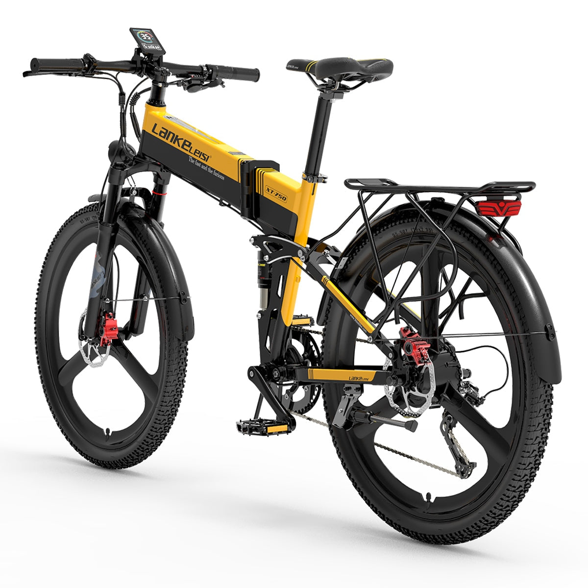 LANKELEISI XT750 sports electric folding bike with sleek frame, compact design, and handlebar controls, perfect for urban commuting.