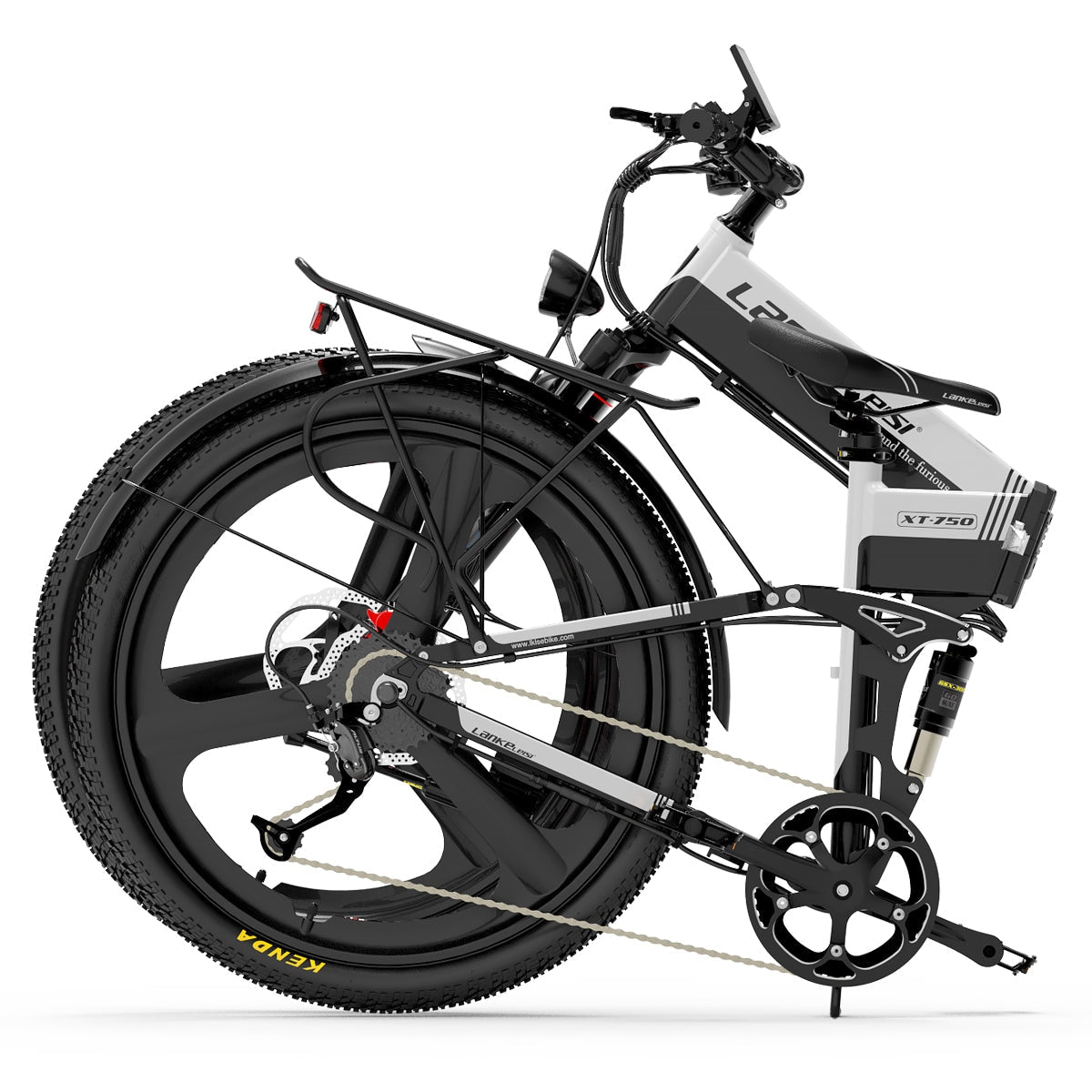LANKELEISI XT750 Sports Electric Folding Bike in black, showing its compact frame, handlebars, and foldable design for easy transport.