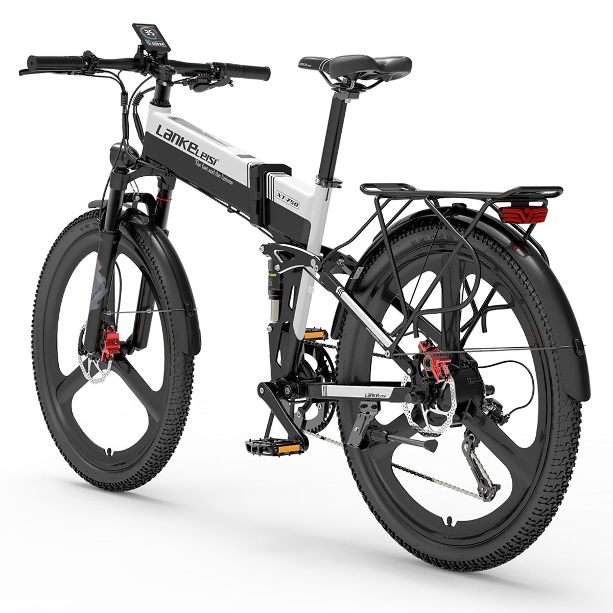 LANKELEISI XT750 Sports Electric Folding Bike with sleek frame, handlebar, and compact design, suitable for urban commuting.