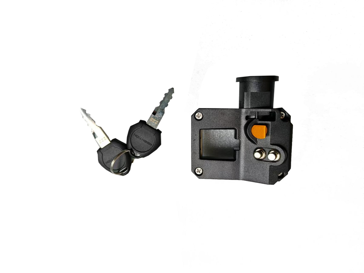 LANKELEISI electric bike battery lock with keys, secure locking mechanism for the RV800 Plus model, shown on a black bike.
