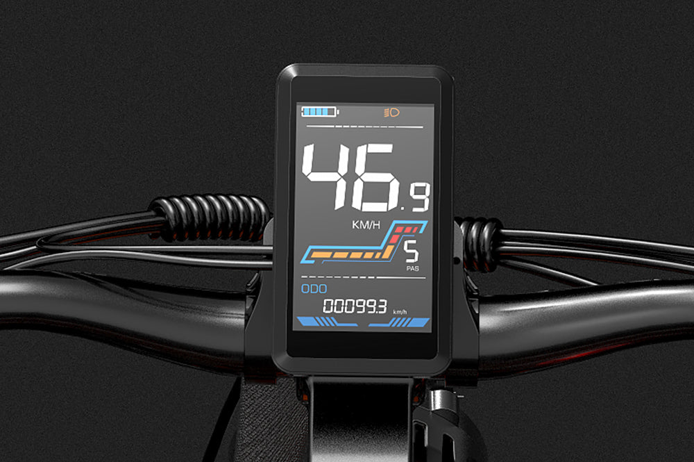 Multifunctional LCD display accessory for LANKELEISI electric bikes, showing speed, battery, and system information.