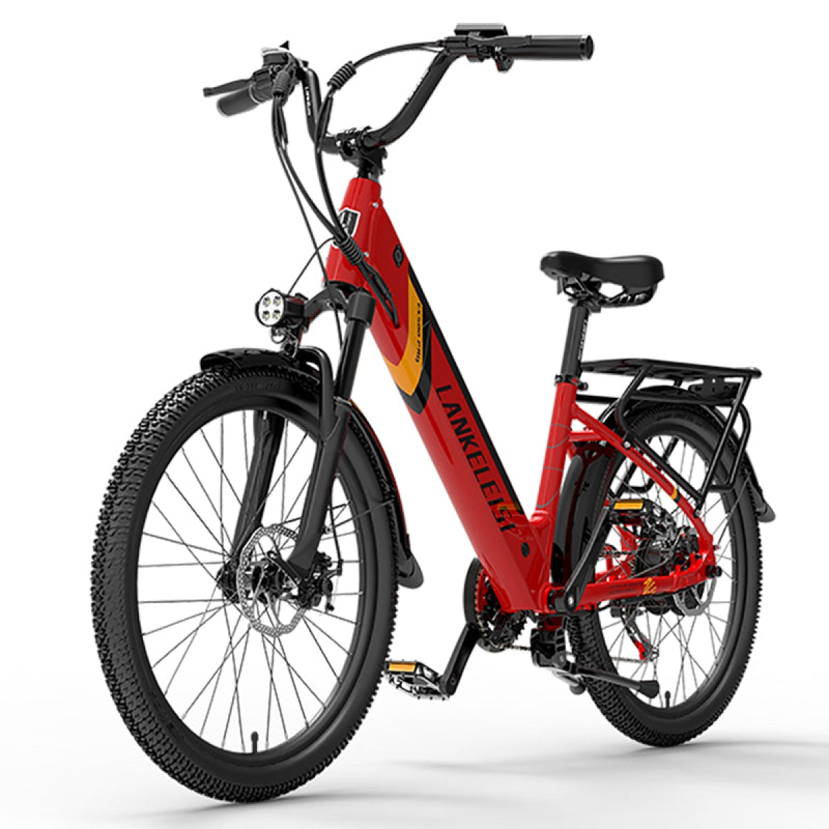 Red LANKELEISI ES500PRO electric city bike with sleek frame and battery pack, designed for urban commuting and eco-friendly travel.
