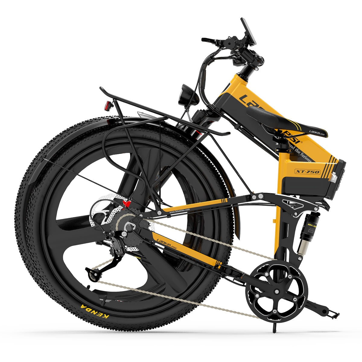 Lankeleisi XT750 sports electric folding bike in black with sleek frame and compact design, ideal for urban commuting and outdoor riding