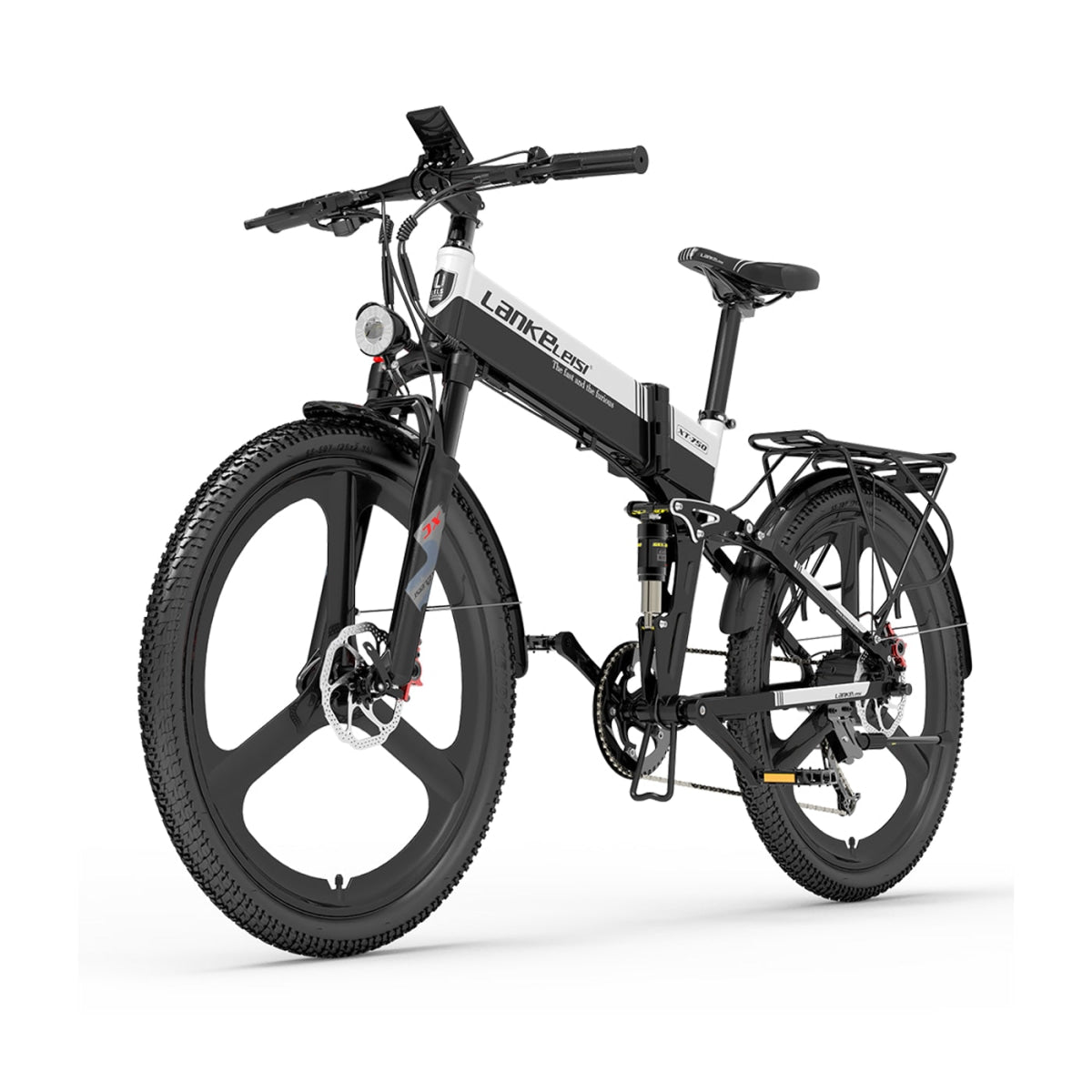 LANKELEISI XT750 Sports Electric Folding Bike in white, showcasing compact frame and handlebar, ideal for urban commuting.