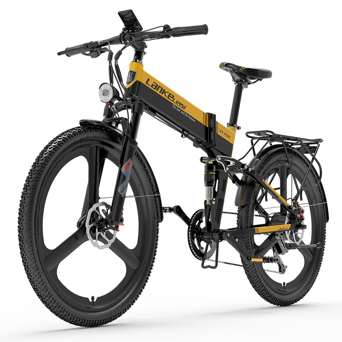 Yellow LANKELEISI XT750 sports electric folding bike with sleek frame and compact design, ideal for urban commuting.