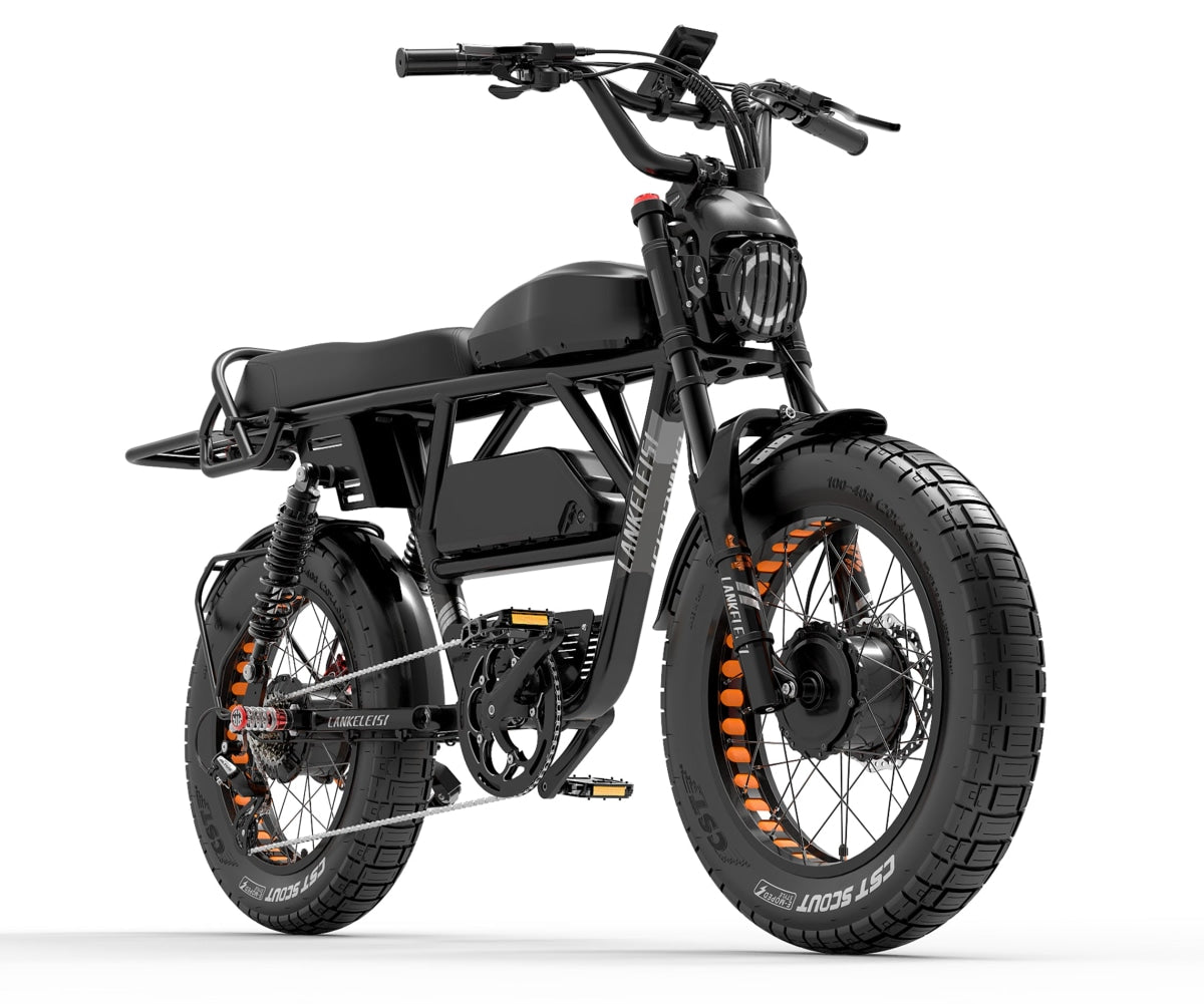EU-LANKELEISI X-Black Knight electric scooter with dual motors, large wheels, and display showing speed and battery life.
